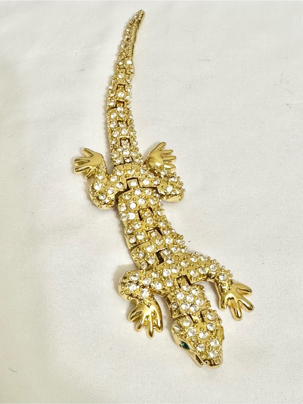7” VTG Gold Plated Articulated Crystal Lizard Brooch w/Clear Rhinestones (Heavy